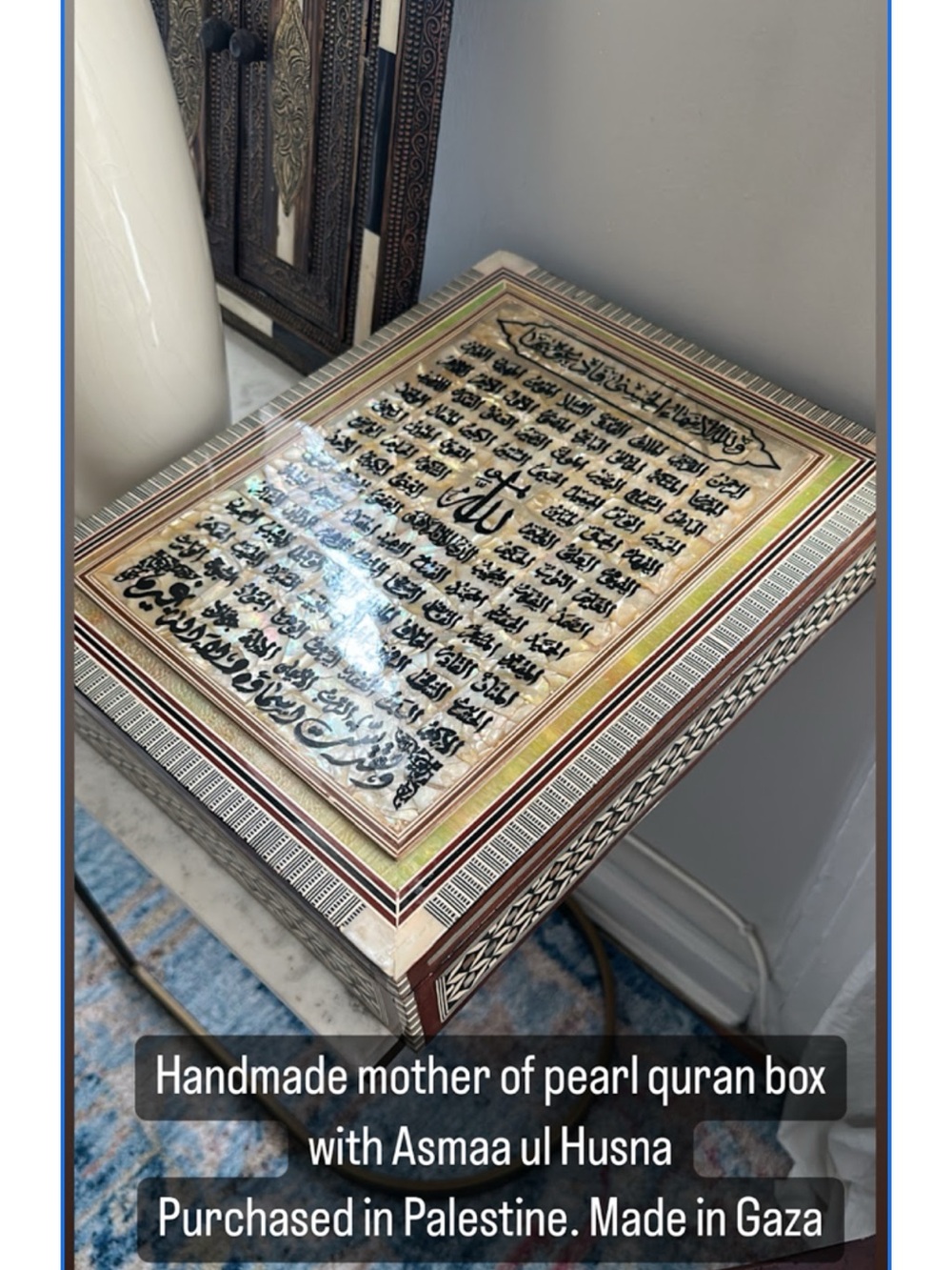 Handmade Mother of Pearl Quran Box with Asma ul Husna - from Gaza, Palestine
